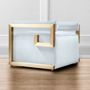 Blue velvet armchair with brass frame by Lori Morris Interior Design | Worldwide Shipping | Jake chair